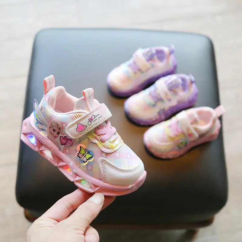 Wholesale Lighted Girls' Shoes Spring Autumn 2023 New Non-Slip Soft Sole Children's Sports Shoes Versatile Elsa Princess Shoes