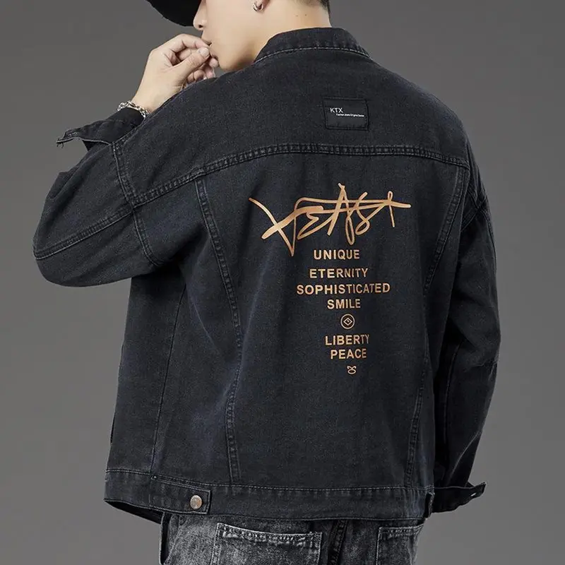 Áo khoác JEANS nam nữ màu Đen kiểu IN chữ AJ007, vải Denim dày co dãn không ra Màu Menswear Jacket Có Túi Có Cổ 3