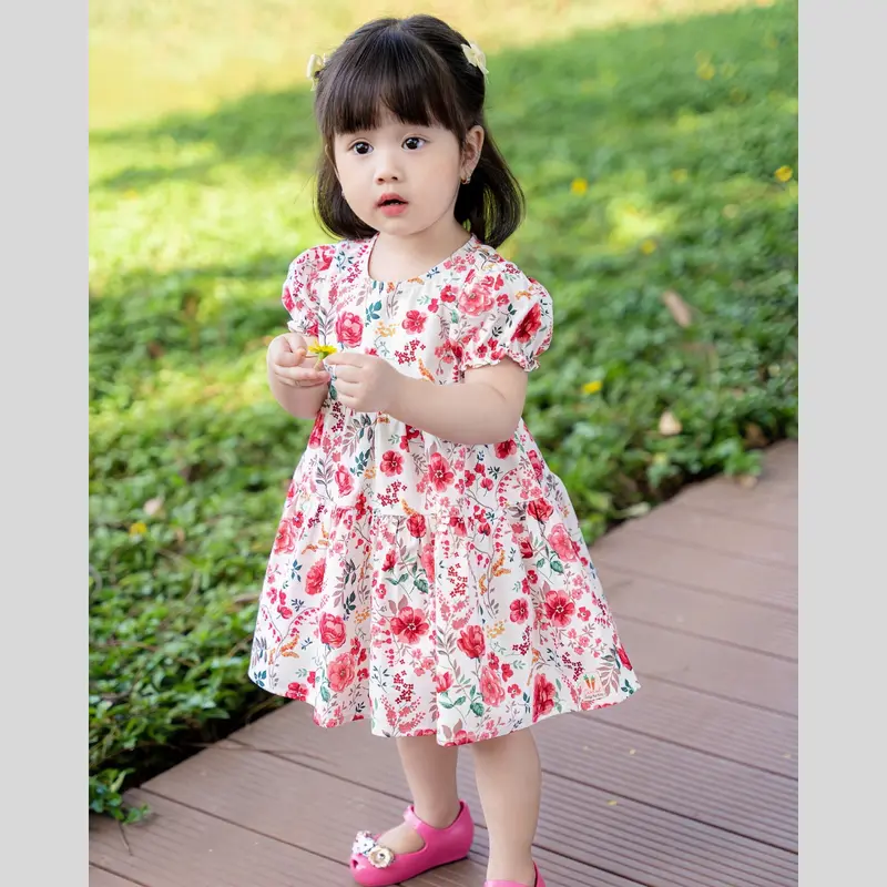 Váy bé gái chất thô cotton họa tiết hoa hồng xinh xắn 1