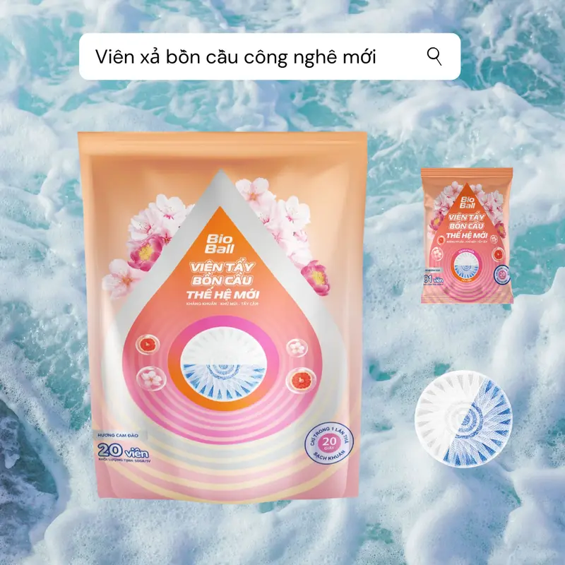 (9) MUA 1 túi 20 Viên Xả Bồn Cầu 2 ngăn BIOBALL hương Cam Đào - Mẫu mới 4PS 4