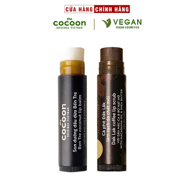  Combo son tẩy da chết môi Cà phê Đắk Lắk cocoon 5g + son dưỡng môi dầu dừa bến tre co coon 5g 