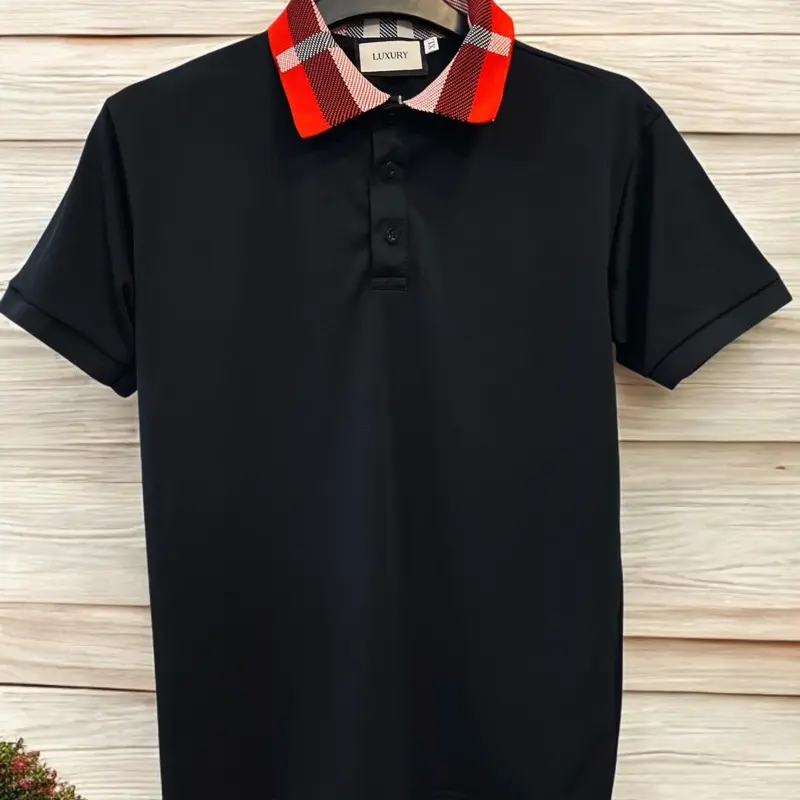 Áo polo nam phối cổ sọc đỏ B, vải dệt gai có giãn 4 chiều thoáng mát - Shirt, Ngắn Tay, Menswear Kem