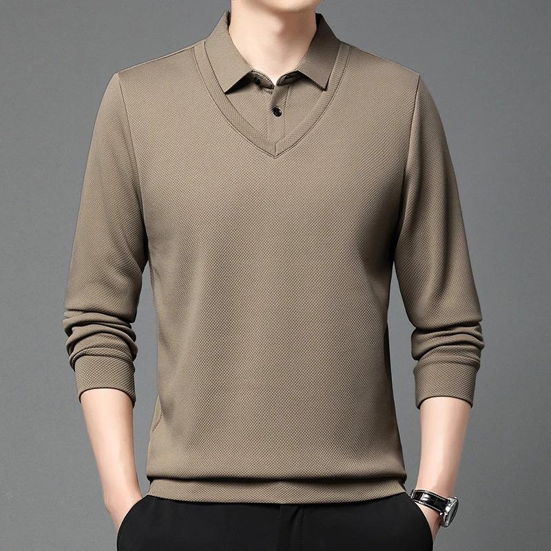 Product Introduction of Men'S Long Arm Polo Shirt Korean-Style Fake Two-Piece Business Men'S Casual Fashion Long-Sleeved Solid Color Lapel Shirts Comfortable All-Match Top For All Seasons Menswear Lingerie 17