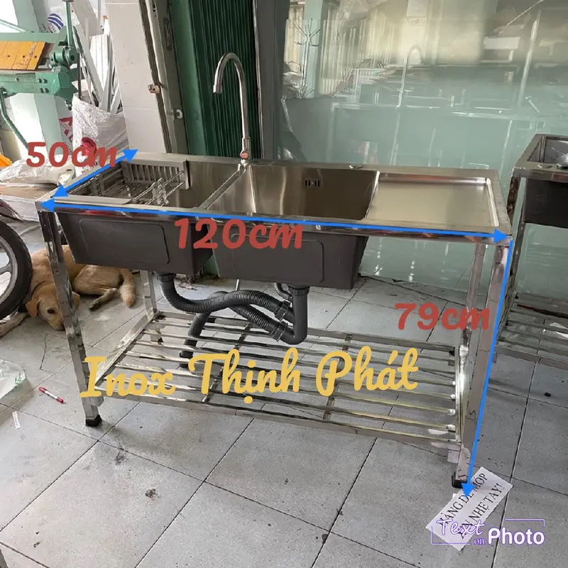 Trọn bộ chậu đúc 2 hộc 1 lá inox 304 kích thước 50x120cm có chân vòi đầy đủ phụ kiện 0