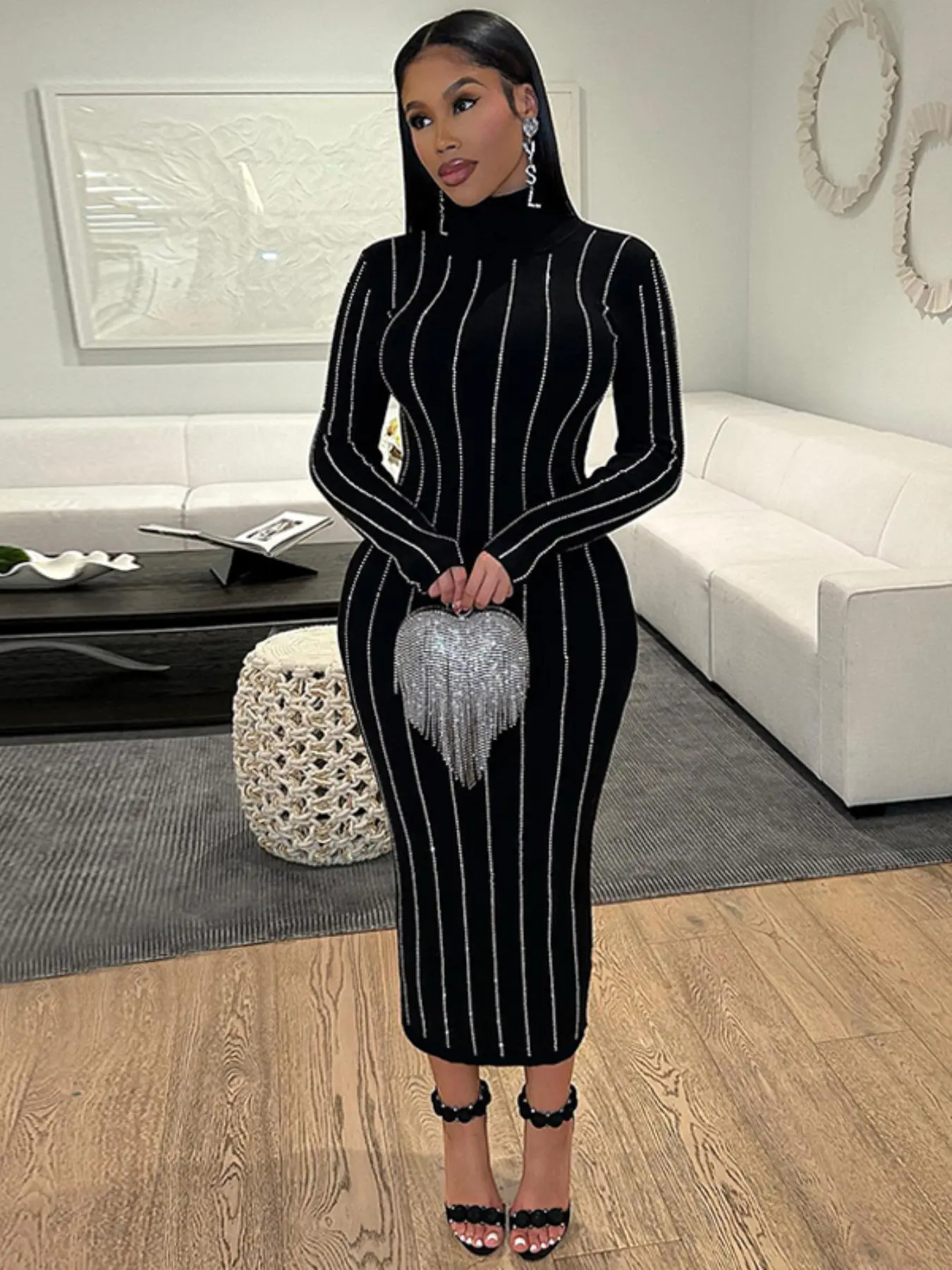Women's Striped Print High Neck Bodycon Dress, Elegant Fashion Tight Sleeve Midi Dress for Daily Outdoor Wear, Women Dress for Spring Fall
