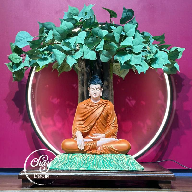 Cây Bồ Đề + Vòng Đèn Led Hào Quang + Kệ Gỗ Trang Trí Cho Tượng Thích Ca Hàng Đẹp - Chay Decor