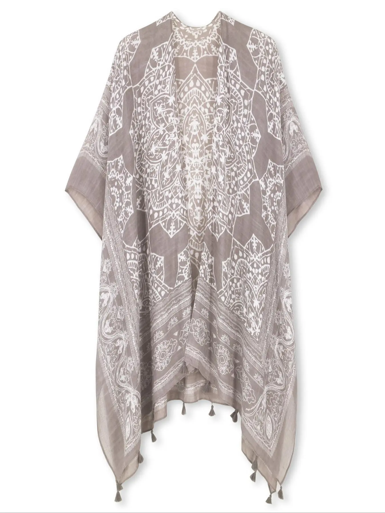 Women's Ethnic Pattern Fringe Trim Kimono Cover Up, Boho Batwing Sleeve Open Front Cover Up, Ladies Summer Clothes for Beach Holiday Vacation