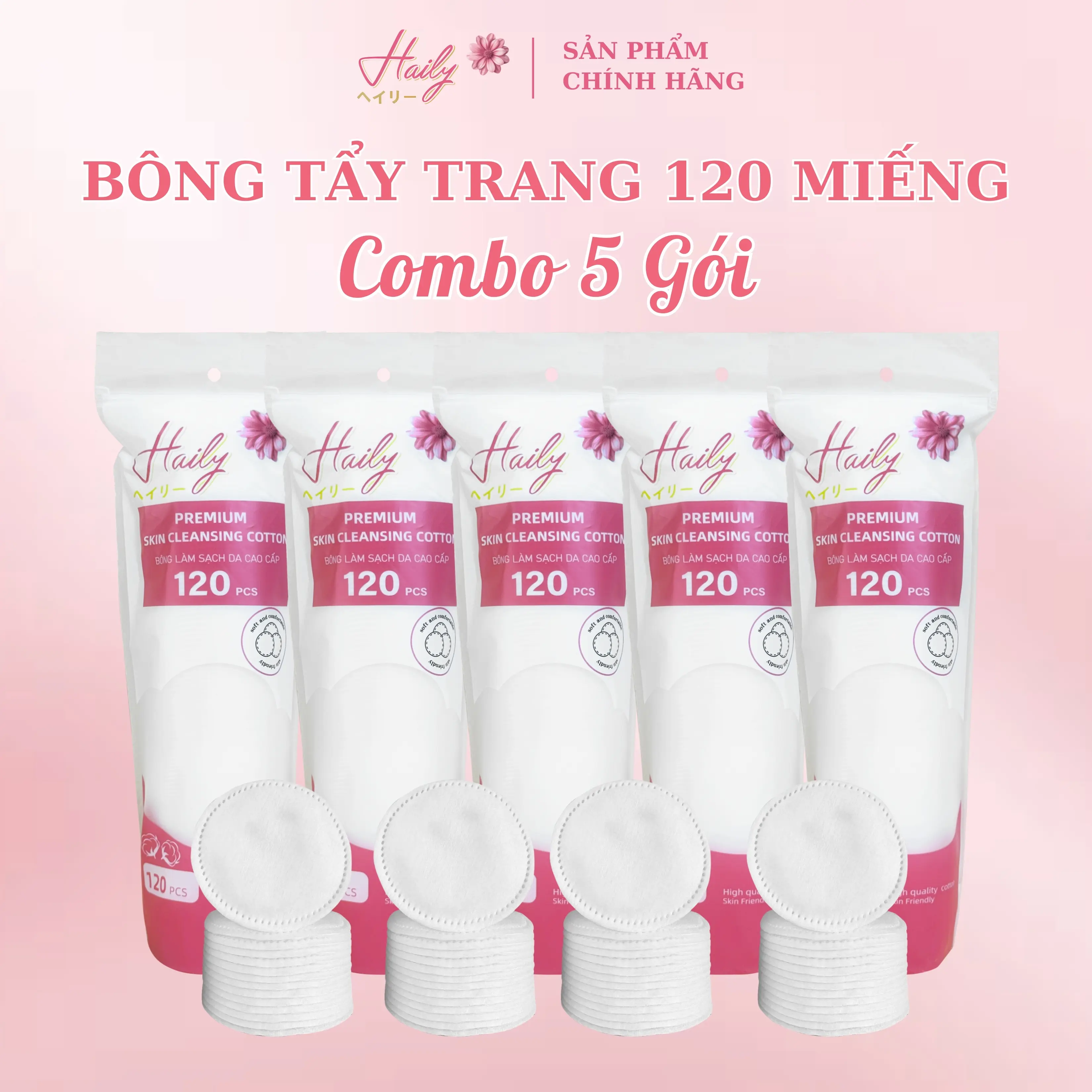 Combo 5 gói bông tẩy trang Haily (600 miếng) cotton tự nhiên mềm mịn không xơ bông thấm hút nhanh
