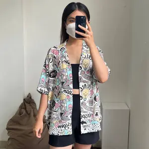 KEMEJA HAWAI PRIA LENGAN PENDEK RAYON VISCOS M L XL XXL V-Neck Santai Hitam Putih Katun Baju Panjang Cowok Casual Distro