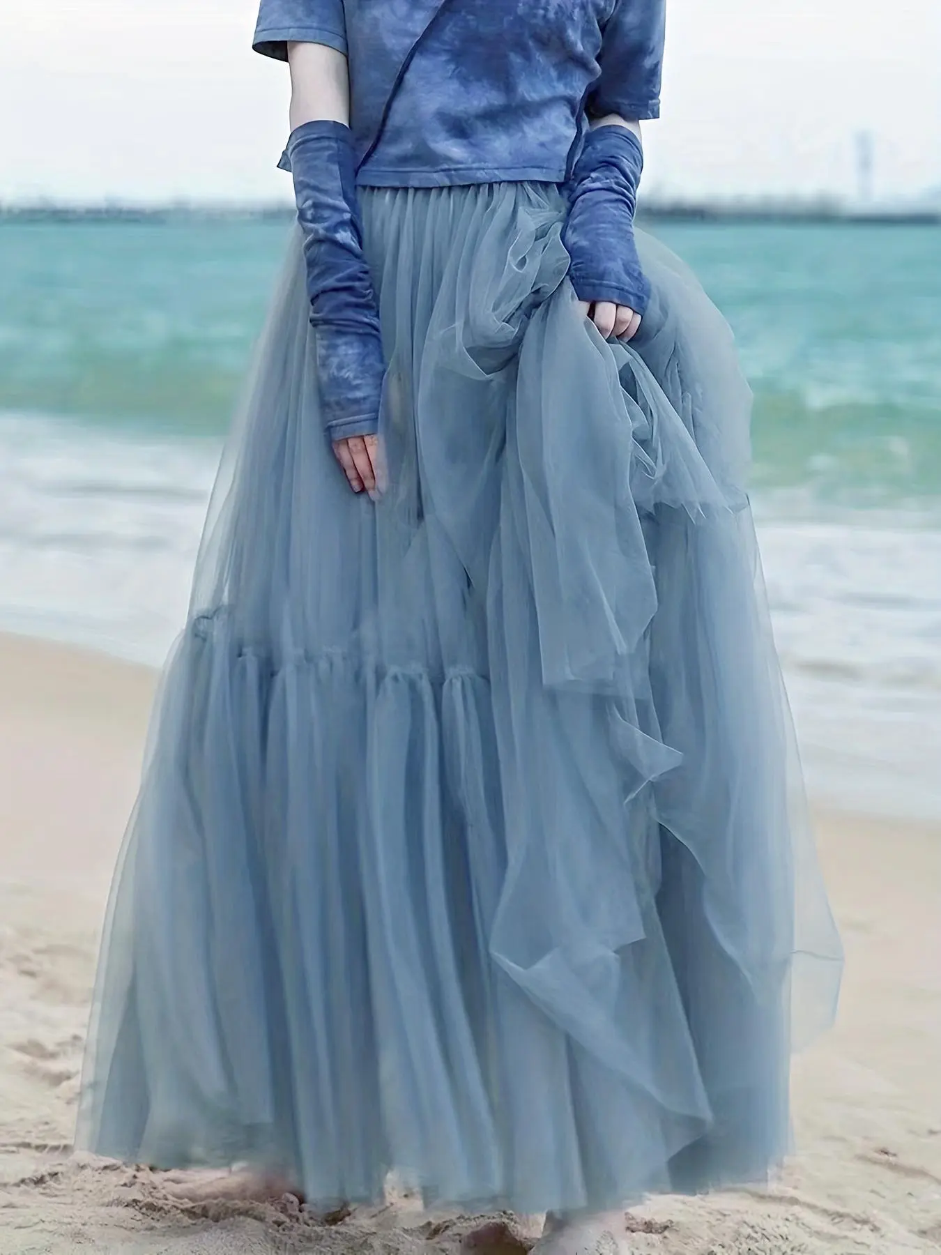 Women's Plain Ruffle Hem Tulle Skirt, Casual Elegant High Waist Long Skirt for Beach Holiday Vacation, Ladies Clothes for All Seasons