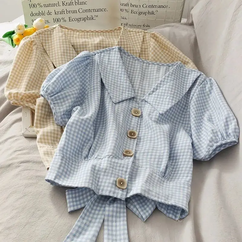 2024 Summer New Plaid Small Shirt Korean Style Versatile - Bow Puff Sleeve Short Sleeve Ins Top for Women Womenswear Blouse