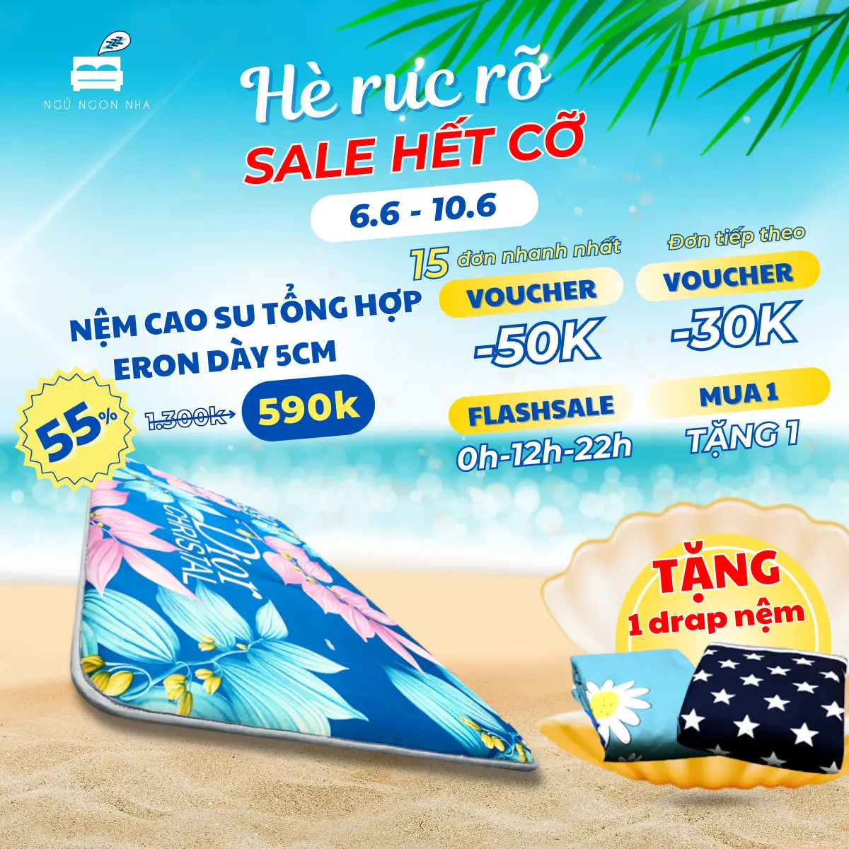 Nệm cao su trải sàn 3 lớp Eron dày 5cm - Êm ái và thoáng mát cao