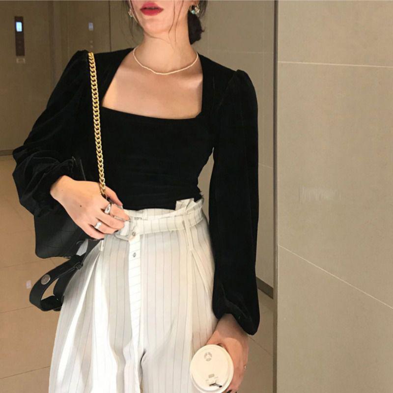 Kemeja lengan panjang retro fashion korea atasan off-shoulder beludru hitam wanita blouse baju atasan wanita velvet top crop 0
