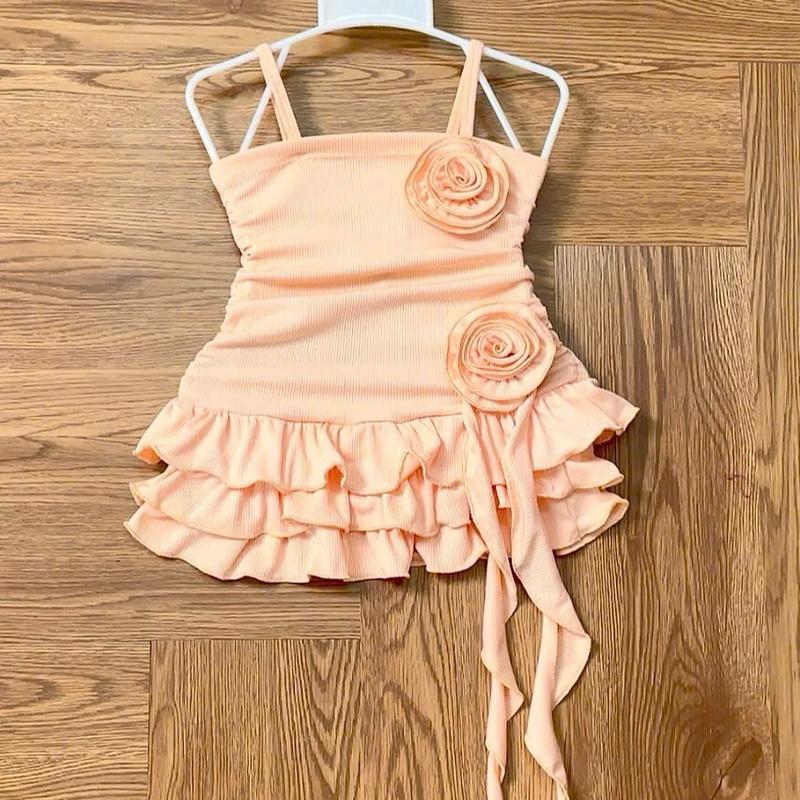 S292 Thiết kế body thun gân dây nhún hông xòe 3 tầng 2 hoa dễ thương 8-30kg 4