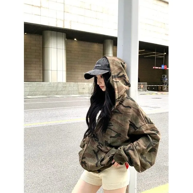 Áo Khoác Hoodie Rằn Ri, Phong Cách Cổ Điển Mỹ Dành Cho Nữ, Thiết Kế Dáng Rộng Mùa Thu, Dễ Phối Đồ Thường Ngày Dài Tay, Có Khóa Kéo, Áo Top Women