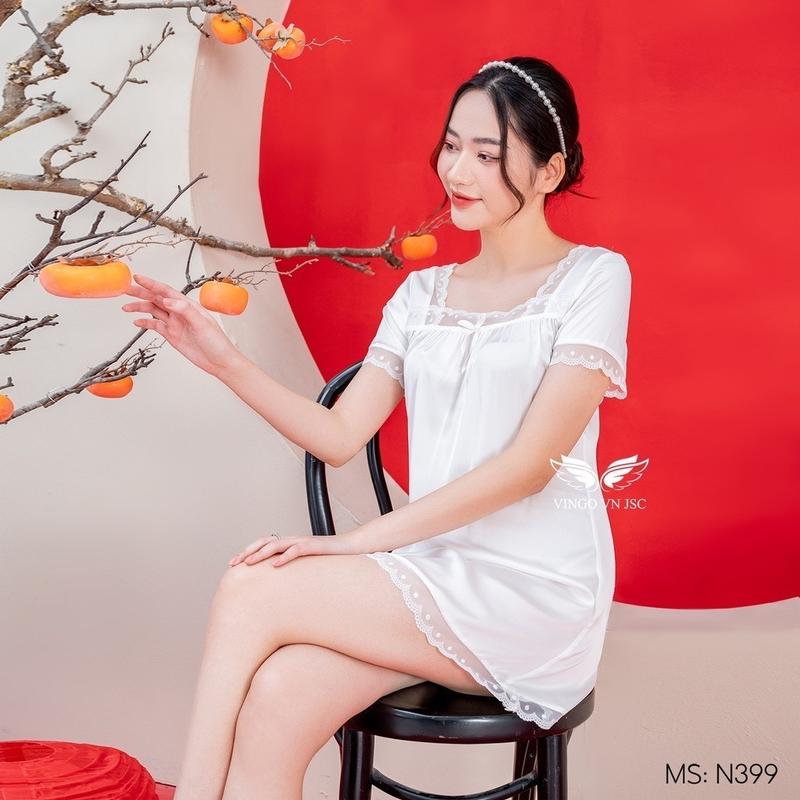 N399 - Váy Ngủ Nữ Lụa Pháp Phối Ren Đầm Ngủ Xinh Xắn VNGO Thiết Kế Tay Ngắn Cổ Vuông Sang Chảnh N399 Night Dress Women