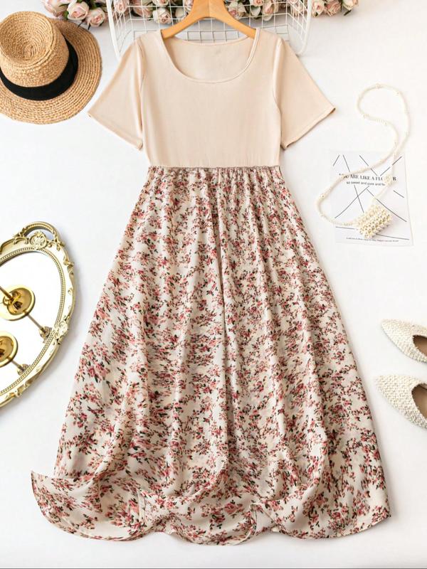 【Plus Size】Ditsy Floral Print Scoop Neck A Line Dress, Boho Casual Short Sleeve Long Dress for Daily Outdoor Wear, Summer Dress, Women Plus Clothing for All Seasons, Womenswear 2
