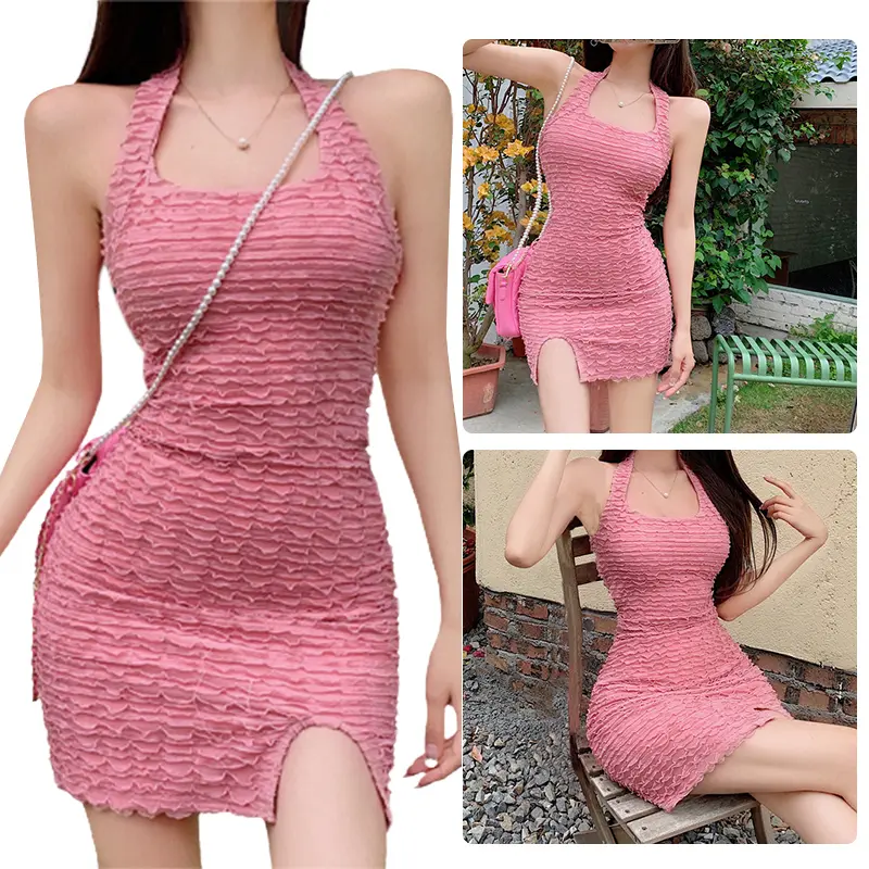 Women Bodycon Dress, Solid Color & Ruffle Halter Split Low Chest Hip Dress, Ladies Party/Bar/Club Mini One-Piece