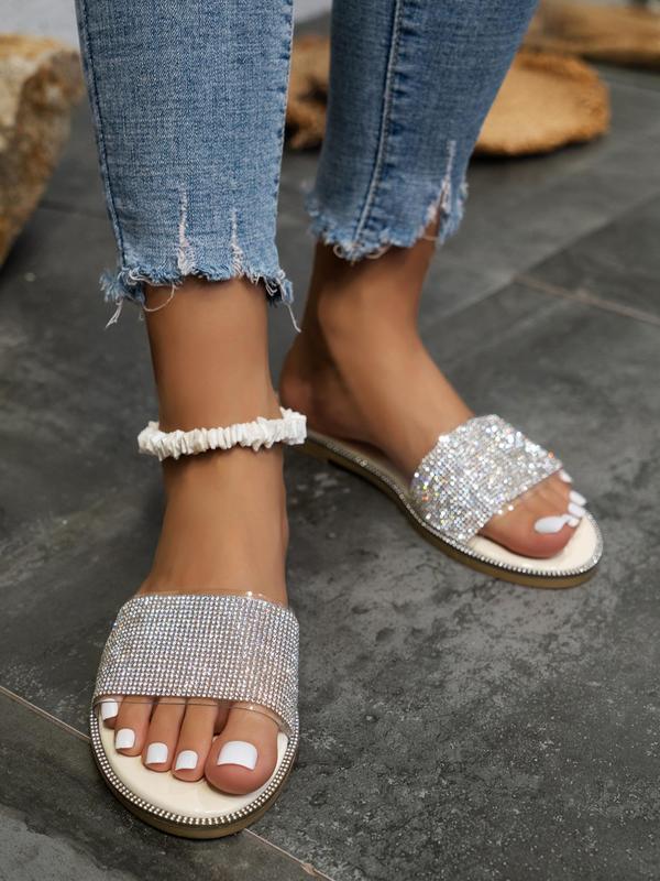 Summer 2024 Women's Fashion Rhinestone Decor Slide Sandals, Casual Summer Outdoor Flat Sandals for Vacation, New Trendy Lightweight Shoes for Beach 4