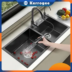 PROMO Ready&Garansi 3 tahun SUS 304 Kitchen sink 8245 Hitam Stainless 304 Wastafel 2 Lubang Black 8245 Bak cuci piring hitam Set Lengkap Keran tarik Harga promosi