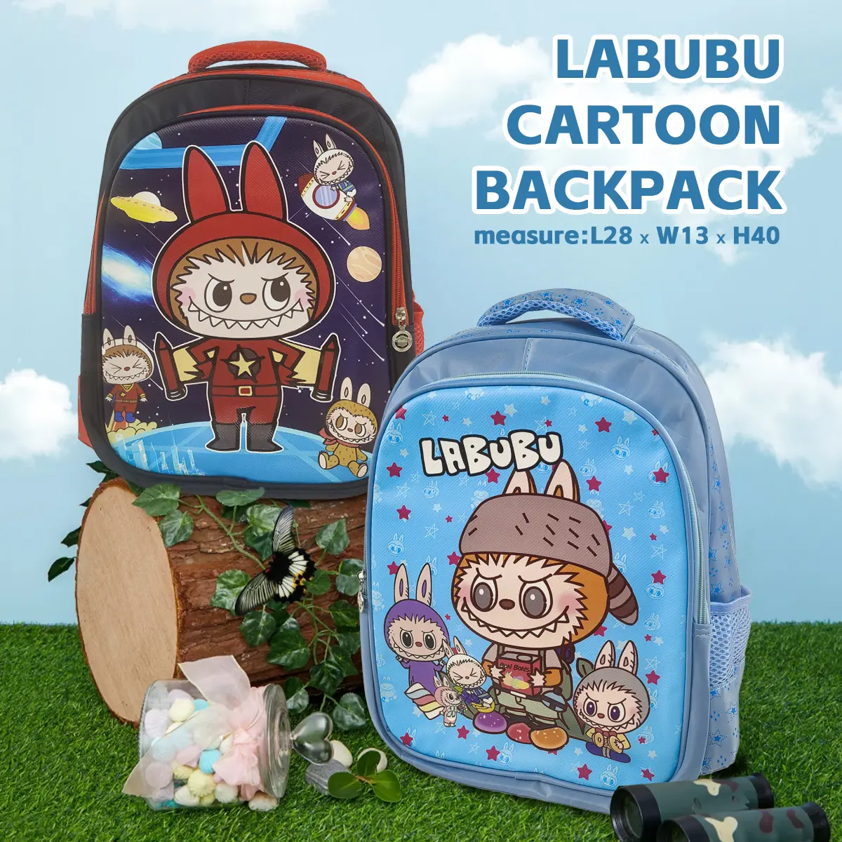 Labub 40cm Beg Sekolah for Darjah 1 2 3 Large Capacity Primary Student School Bag Cute Shoulder Bag Cartoon Backpack for Kids Study Travel Black