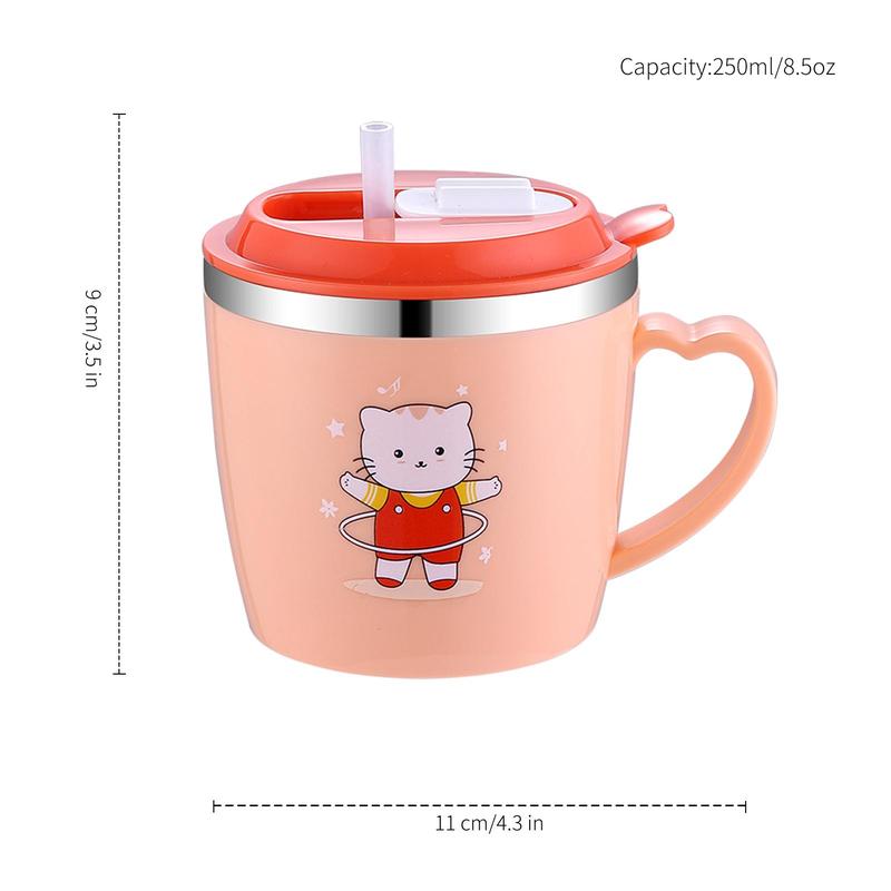Product Introduction of Cute Cartoon Animal Pattern Stainless Steel Mug, 1 Count 250ml Drinking Cup with Straw, Household Water Cup for Home School Outdoor, Household Kitchen Products 1