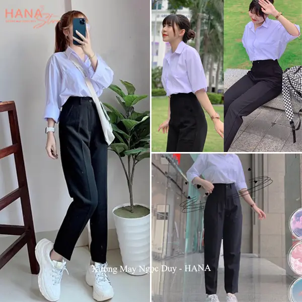 Quần tây nữ đi học lưng cao cạp có đỉa ống đứng suông màu Xanh Đen dáng quần vải baggy học sinh nữ đi học dài đáy cao