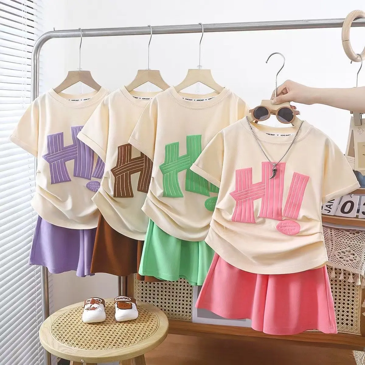 HI Tshirt set/Summer set/2 pieces (short sleeves+pants)/Children's cute letter print/Casual set/ Girls Round Neck Set/Sports set