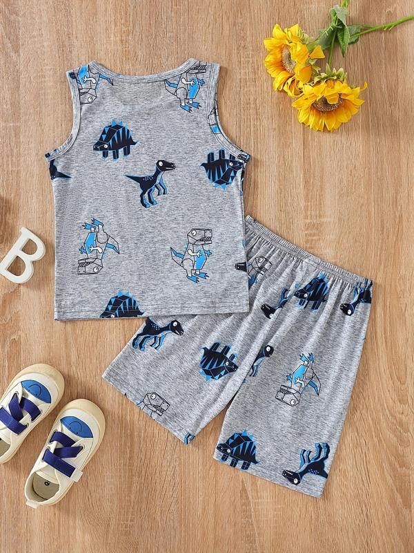Toddler Boy's Cartoon Dinosaur Print Tank Top & Shorts Set, Casual Sleeveless Top & Shorts, Summer Outfits Clothes for Kids 1