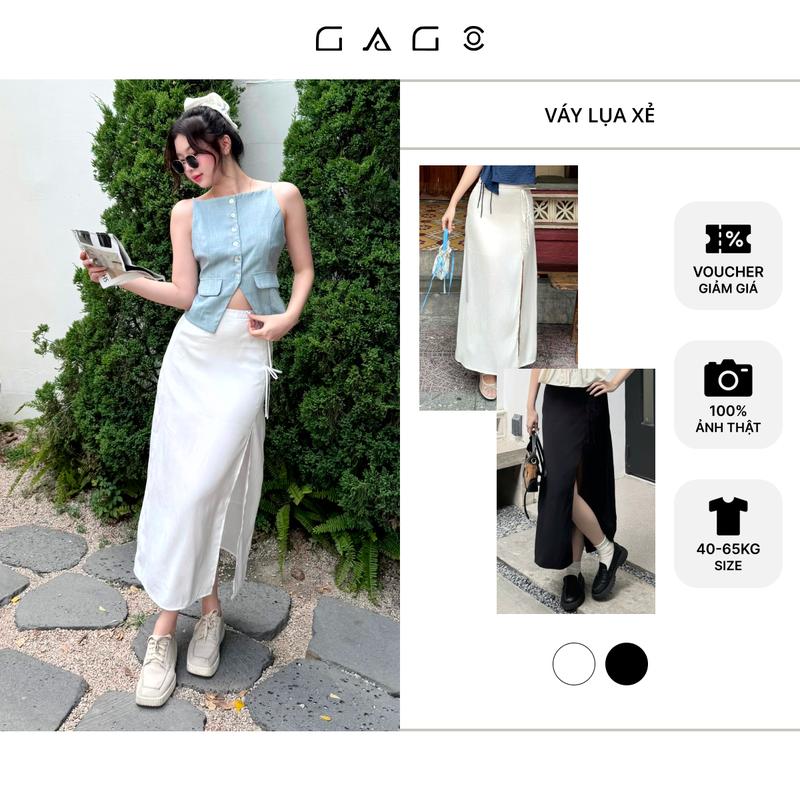 Chân Váy Dài GAGO Brand Lụa Satin 2 lớp dày dặn Xẻ 1 bên Đính Nơ Style Thanh Lịch, Hàn Quốc Nữ Women Đen