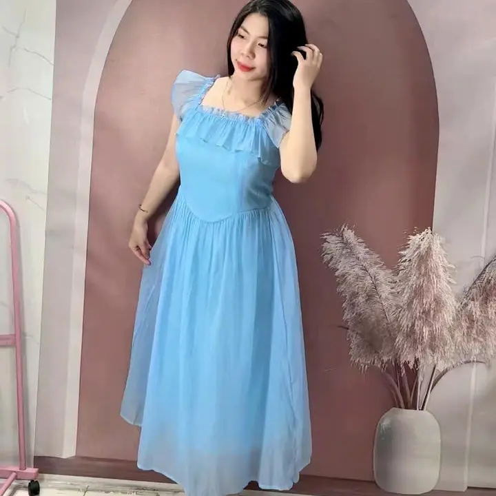Đầm Maxi 2 Dây Dáng Dài Tay Bèo Bẹt Cổ Vuông Có Độ Co Giãn Nhẹ Thoải Mái Dạo Phố, Đi Biển Tiệc Tùng Voi Nữ 8