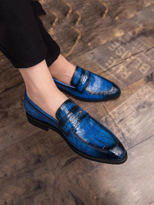 Men's Business Solid Color Crocodile Embossed Slip-on PU Leather Shoes, Fashionable Low Heel Dress Shoes For Work Office, Male Pointed Toe Shoes 1