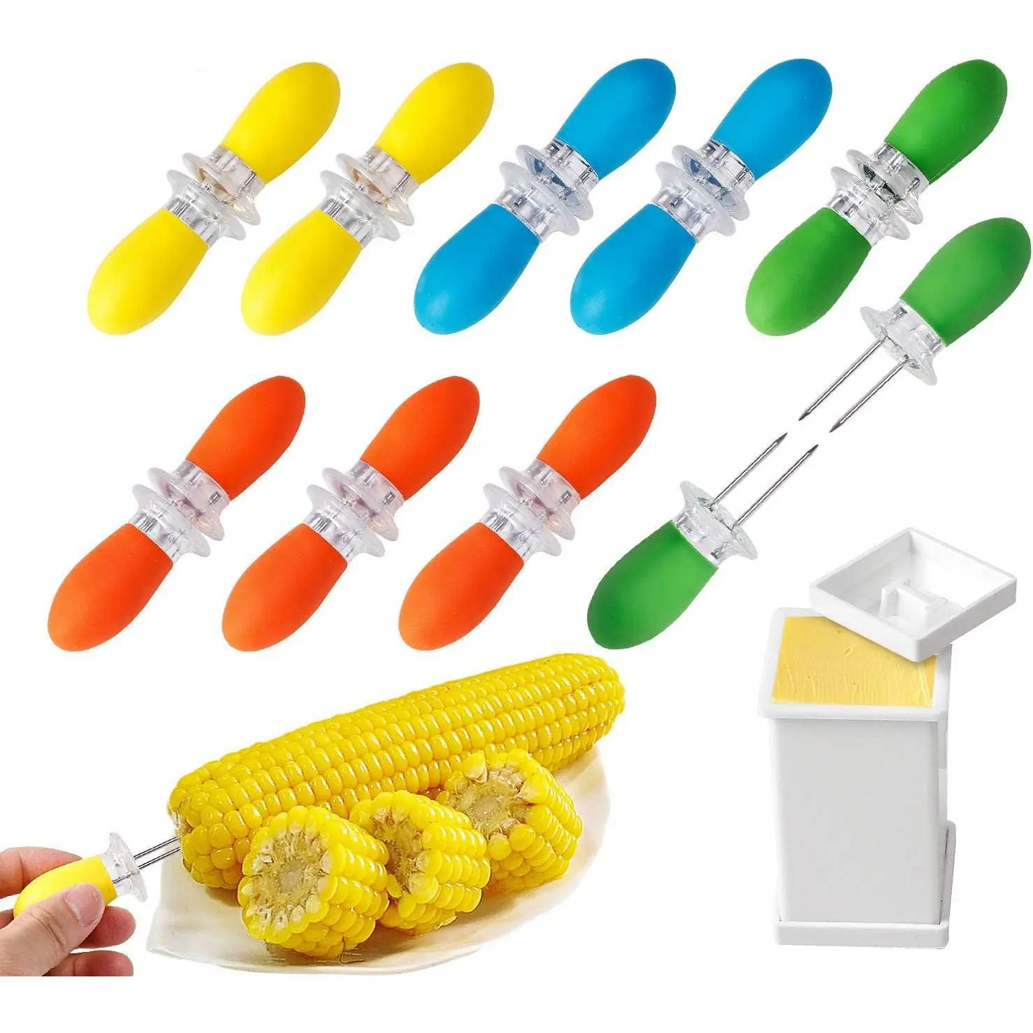 Stainless Steel Corn Cob Holders with Silicone Handle & Convenient Butter Spreading Tool