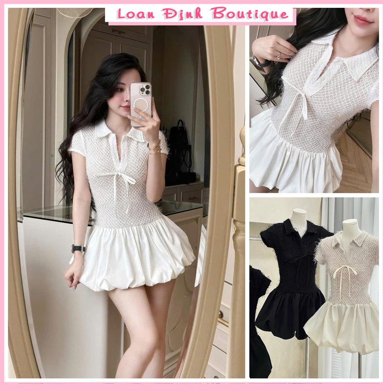 Váy  Cổ Sơ Mi Buộc Nơ Thiết kê Xòe Bồng Dáng Ngắn Dễ Mặc By Loan Định Boutique