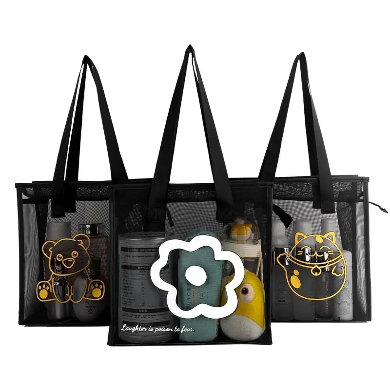 Túi Tote Đi Biển, Trong Suốt, Thời Trang, Làm Bằng Lưới Nylon, Thiết Kế Hoa Và Hoạt Hình, Túi Đựng Mỹ Phẩm Có Khóa Kéo, Túi Trong Suốt, Dành Cho Nữ 1
