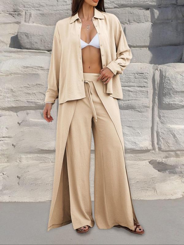 Women's Solid Color Top & Wide Leg Pants Two-piece Set, Casual Long Sleeve Top & Palazzo Pants for Spring & Fall, Women's Clothes for Daily Wear 6