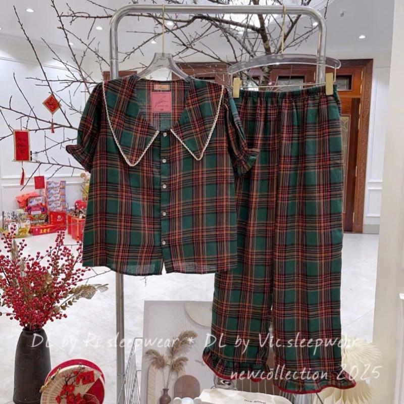 Mặc Nhà Pijama Nữ Cổ Bèo Phối Sọc Kẻ Xanh Noel Chất Thô Dạ Mềm Mại Women 3