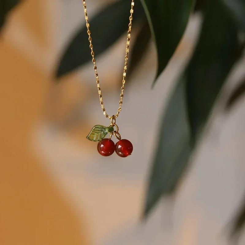 Stainless Steel Cherry Necklace, Cute Bead Pendant Necklace, Ladies' Wedding Jewelry, Birthday Gift Necklace 0