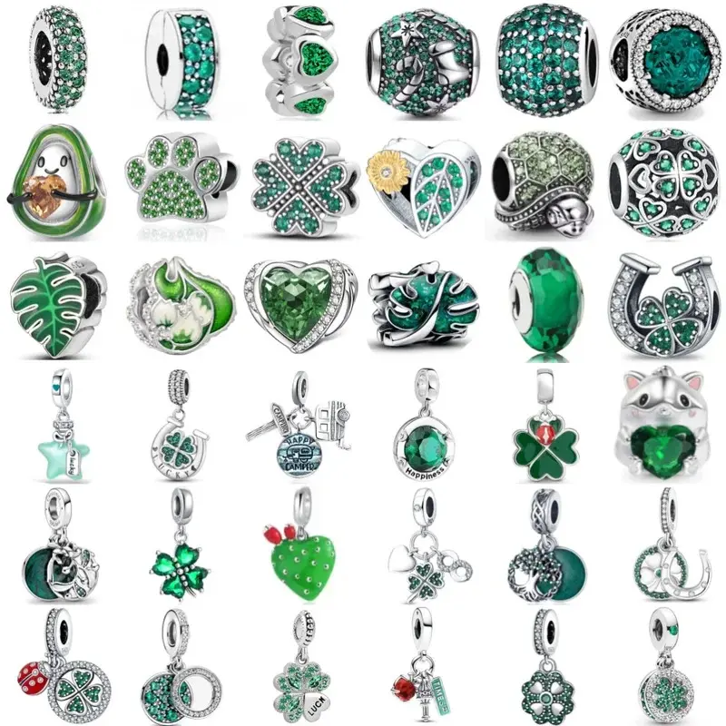 Green Clover Bead Pendant European Diy Bead Fit Original 925 Sterling Silver Plated European Charms Bracelet Jewerly Accessories