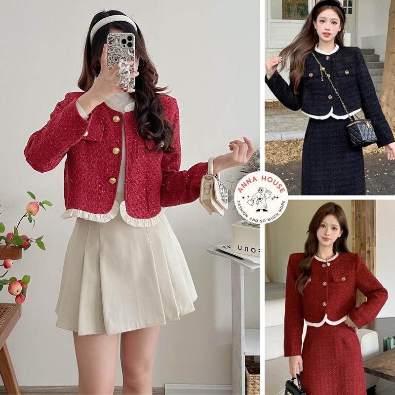 Áo khoác dạ tweed nữ phối viền bèo ren mặc noel giáng sinh tết Áo khoác dạ dáng lửng viền bèo tiểu thư có 2 túi giả