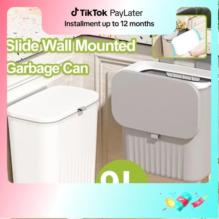 9L Trash Can with Cover Household Sliding Wall Mounted Hanging Trash Bin for  Garbage Plastic Cabinet With Lid Bedroom Waterproof  Durable Bathroom trash kitchen bin hanging trashcan aesthetic trash can