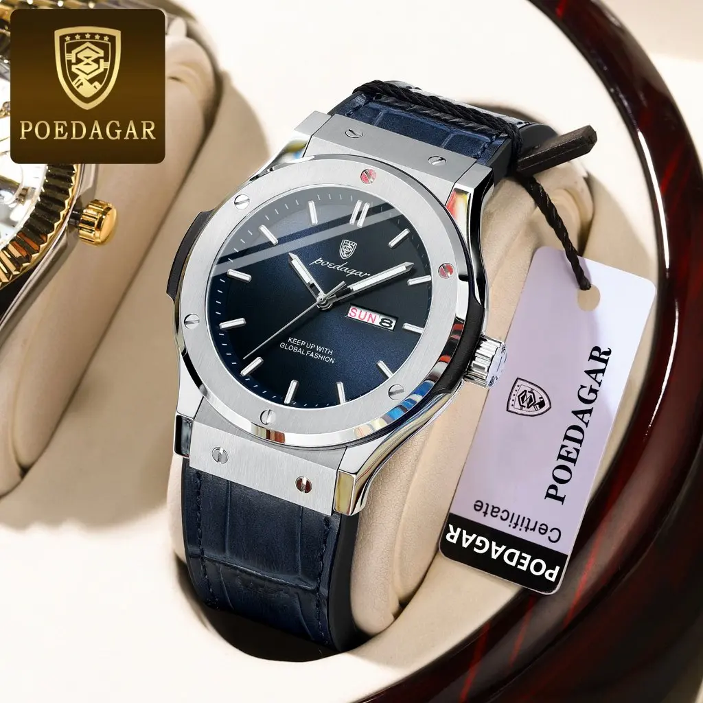 POEDAGAR Men's Watch Original Waterproof Quartz Watch Edition Original Stainless Steel Band  Automatic Calendar Night Light Watch