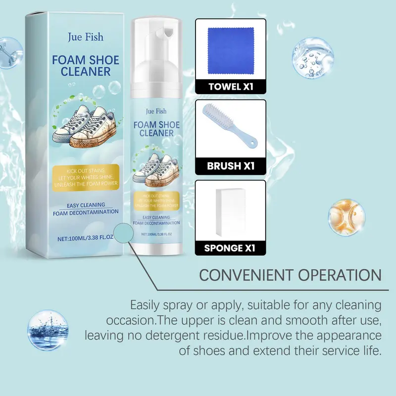 Foam Shoe Cleaner, 1 Set Including  1 Count 100ml Shoe Cleaner & 1 Count Brush & 1 Count Towel & 1 Count Sponge, Household Cleaner for Shoes, Coats and Jackets, Home Care Supplies 4