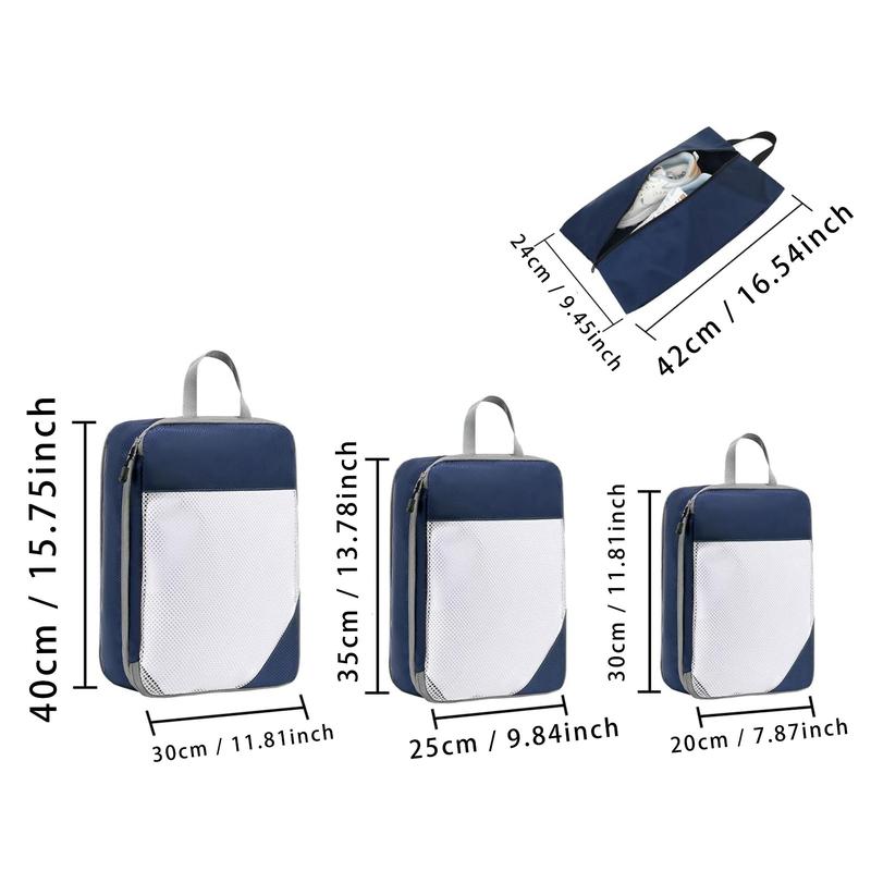 Travel Storage Bag Set, 4 Counts/set Including 3 Counts Compression Packing Cubes & 1 Count Shoe Bag, Travel Organizer for Clothes, Bedding, Toiletries 1