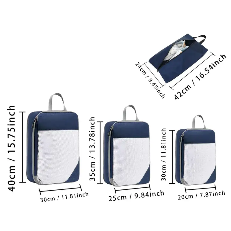 Travel Storage Bag Set, 4 Counts/set Including 3 Counts Compression Packing Cubes & 1 Count Shoe Bag, Travel Organizer for Clothes, Bedding, Toiletries 1