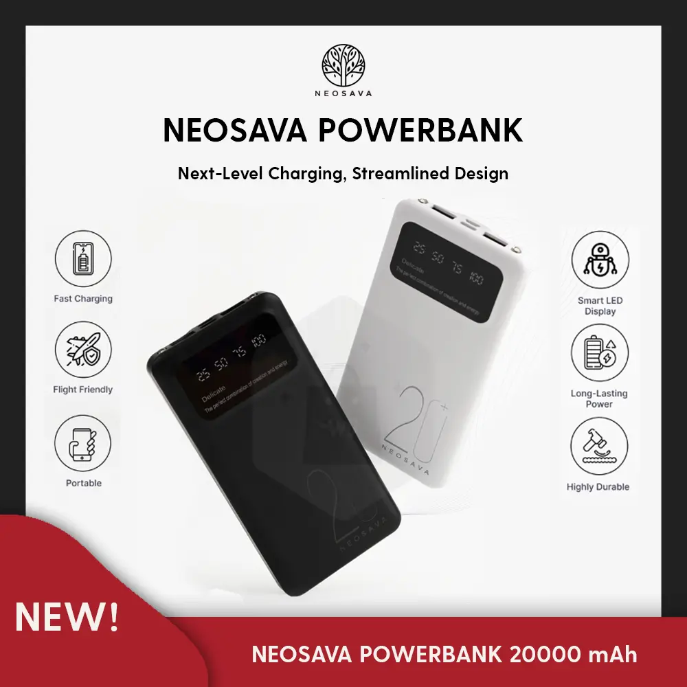 NEOSAVA Powerbank 20000 mAh Type C Dual USB LED Mini Murah Fast Charging Original Android Universal Baterai Black