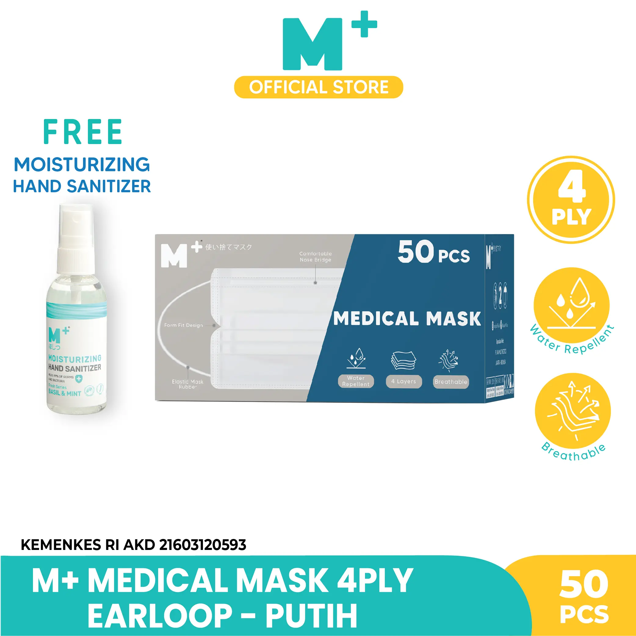 Masker Medis Earloop Putih M+ 4Ply - Surgical Mask Isi 50 Pcs Harga Kuat