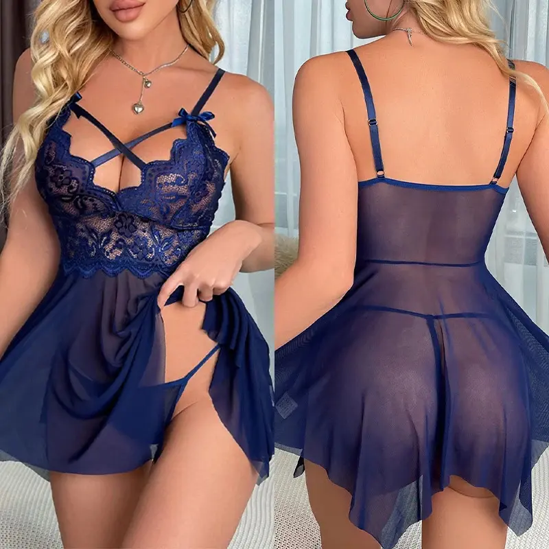 Elegant WOMEN'S pajamas nightgown set with panties sultry lingerie sleepwear summer semi-sheer nightdress Teddy dress hot trend