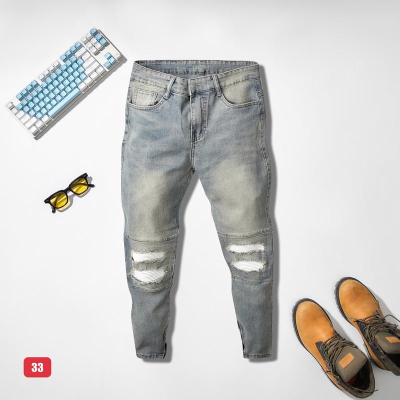 Quần jean nam màu xanh vá da rách gối có khoá gấu chân chất bò cao cấp co dãn 4 chiều form dáng skinny Có Túi QS33 kiểu mới Menswear Pants