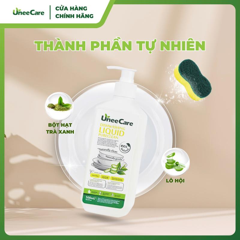 Nước rửa chén bát gốc thực vật UneeCare - Làm sạch dầu mỡ dù chỉ 1 giọt nhỏ. Hương Trà Xanh và Lô Hội. An toàn cho da nhạy cảm. 2